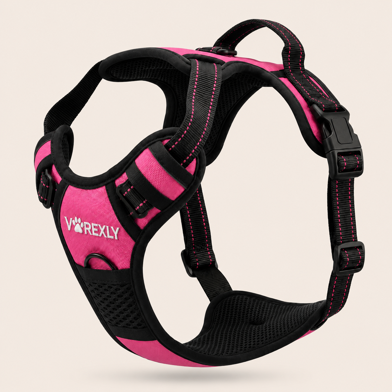 Harnais Anti-Traction VOREXLY™ — vue de profil sur chien, laisse sur le torse