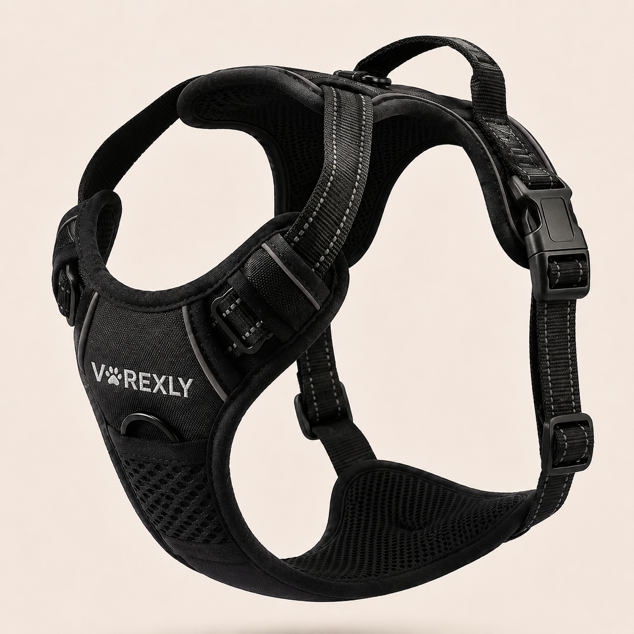 Harnais Anti-Traction VOREXLY™ noir — vue principale avec clip frontal sous le logo