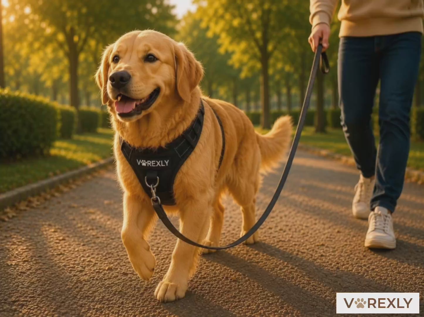 Charger la vidéo : La laisse frontale VOREXLY™ redirige la force sur le torse. Ton chien marche calmement à tes côtés. Pas de traction, pas de douleur. Juste une belle balade partagée.